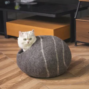 17.7" Black & Gray Handmade Wool Cat Cave Bed with Mouse Toy