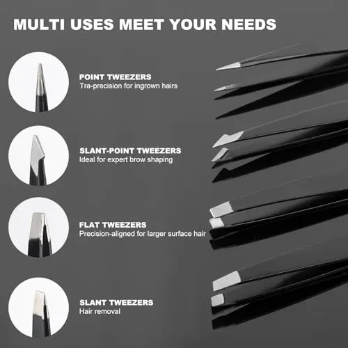 ADULAHI 9PCS Professional Tweezers Set and Nail Clippers for Men and Women, Stainless Steel Tweezers No Gaps with Leather Travel Case
