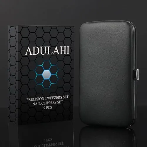 ADULAHI 9PCS Professional Tweezers Set and Nail Clippers for Men and Women, Stainless Steel Tweezers No Gaps with Leather Travel Case