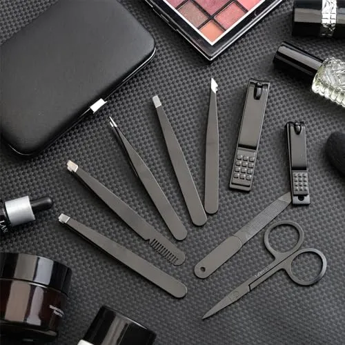 ADULAHI 9PCS Professional Tweezers Set and Nail Clippers for Men and Women, Stainless Steel Tweezers No Gaps with Leather Travel Case