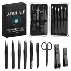 ADULAHI 9PCS Professional Tweezers Set and Nail Clippers for Men and Women, Stainless Steel Tweezers No Gaps with Leather Travel Case