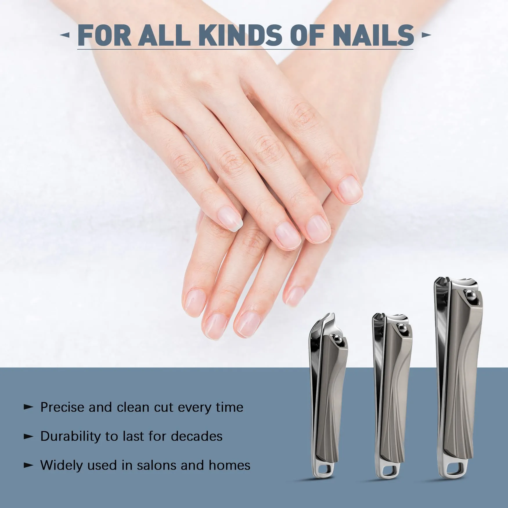 BEZOX Nail Clipper Set with Built in Nail File – 3 Piece Set of 2 Curved Blades and 1 Slant Cutting Edge Toe Nail Cutter Nails Trimmer for People Grey