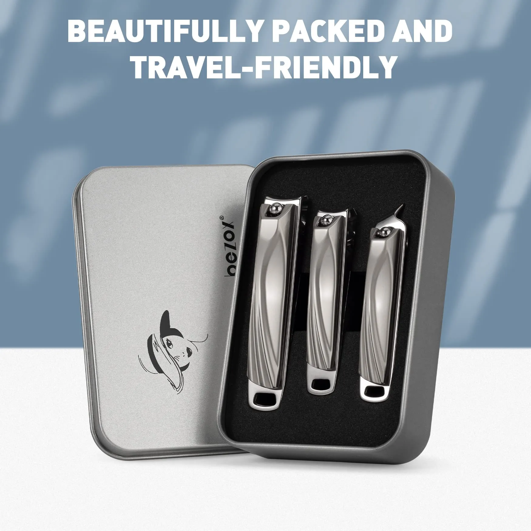BEZOX Nail Clipper Set with Built in Nail File – 3 Piece Set of 2 Curved Blades and 1 Slant Cutting Edge Toe Nail Cutter Nails Trimmer for People Grey