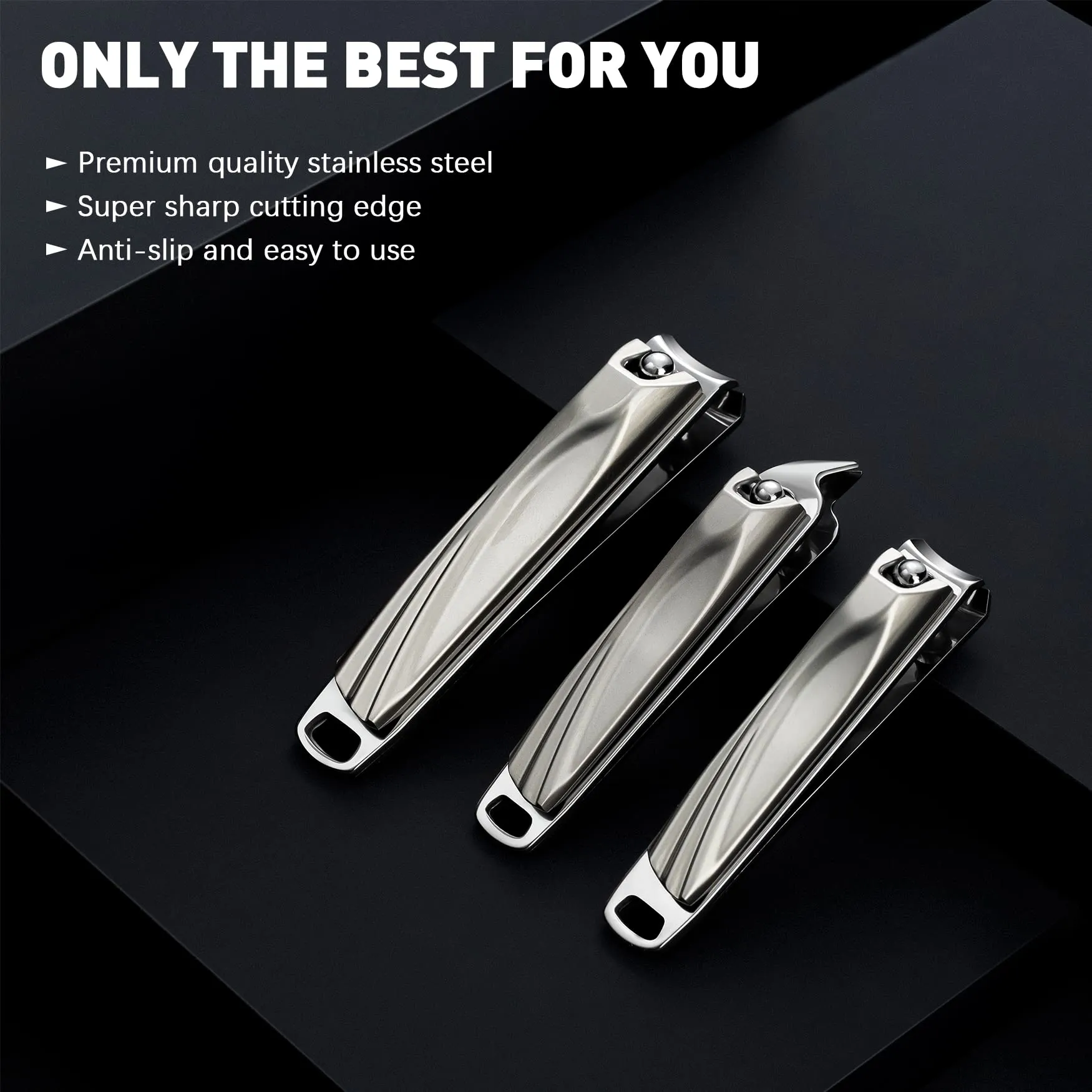 BEZOX Nail Clipper Set with Built in Nail File – 3 Piece Set of 2 Curved Blades and 1 Slant Cutting Edge Toe Nail Cutter Nails Trimmer for People Grey