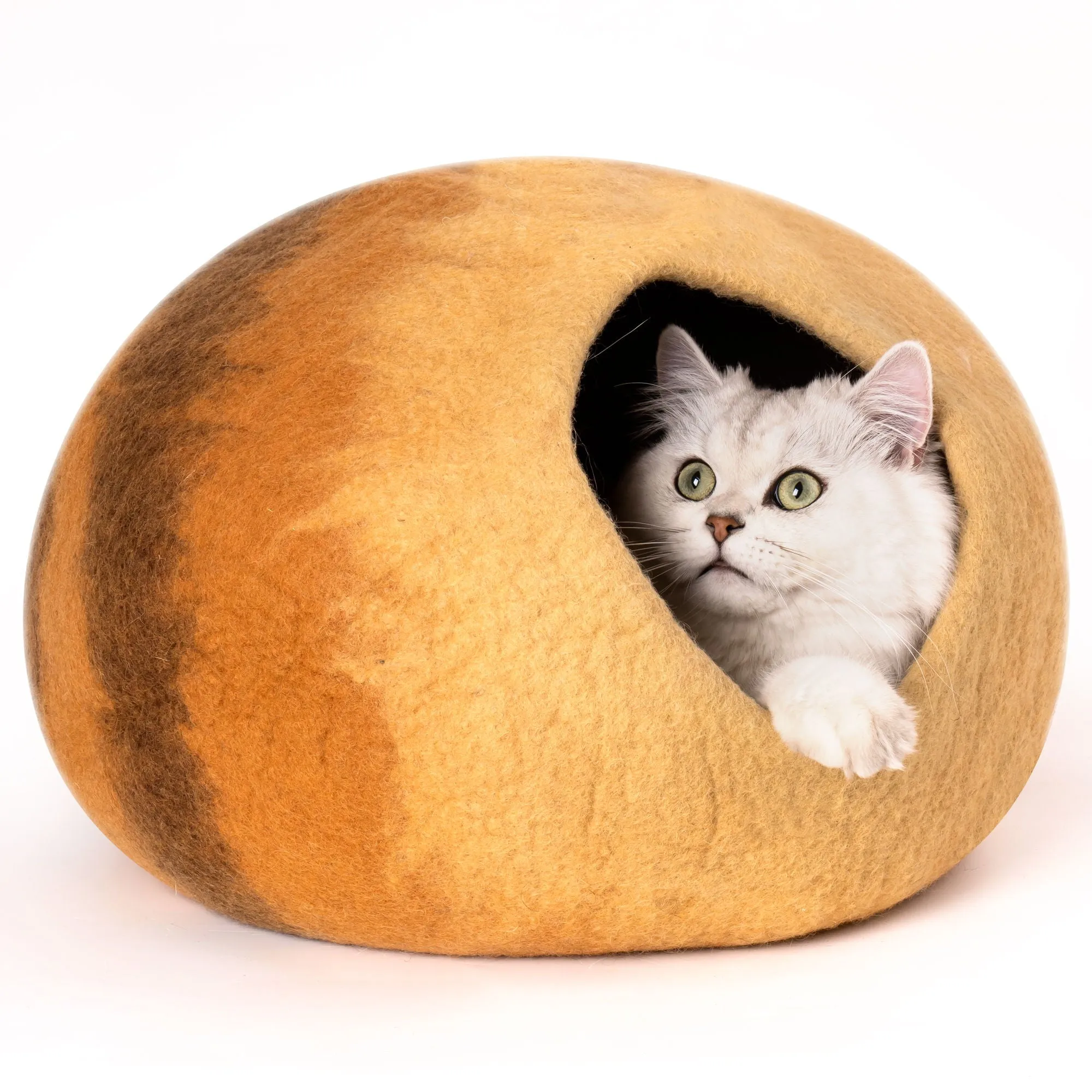 Cat Cave Bed - Handmade Wool Cat Bed Cave With Mouse Toy - Orange