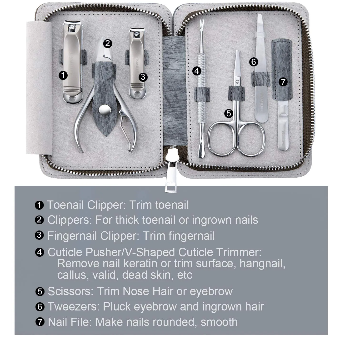 FAMILIFE L14 Manicure Set, 7 in 1 Professional Manicure Pedicure Set Stainless Steel Nail Clipper Set with Noble Portable Travel Case for Women Men