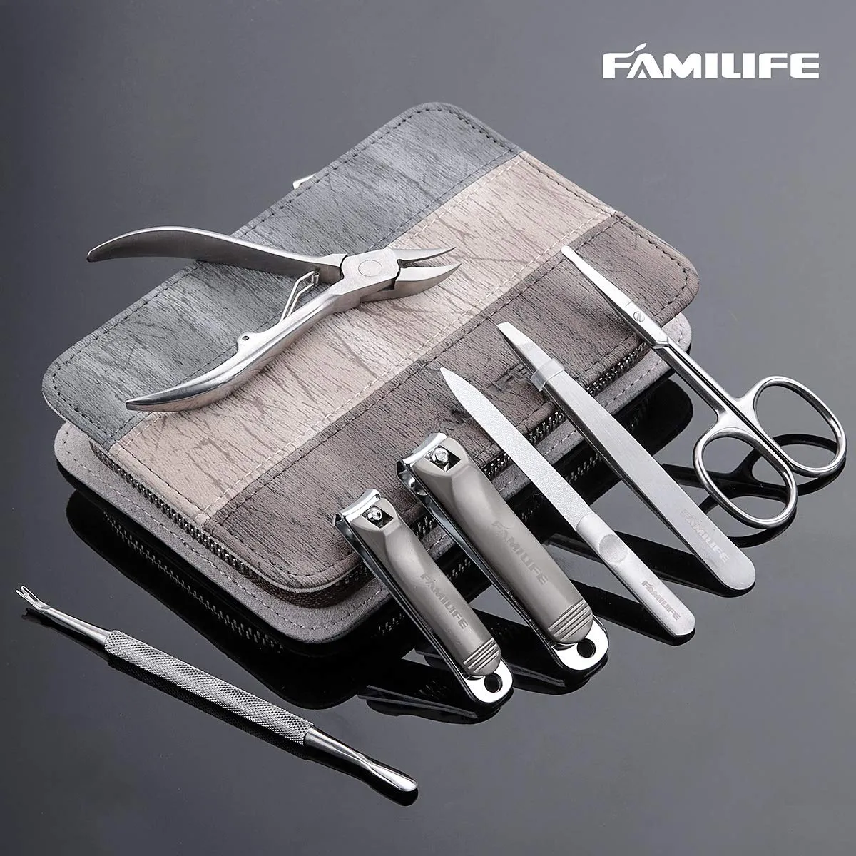 FAMILIFE L14 Manicure Set, 7 in 1 Professional Manicure Pedicure Set Stainless Steel Nail Clipper Set with Noble Portable Travel Case for Women Men